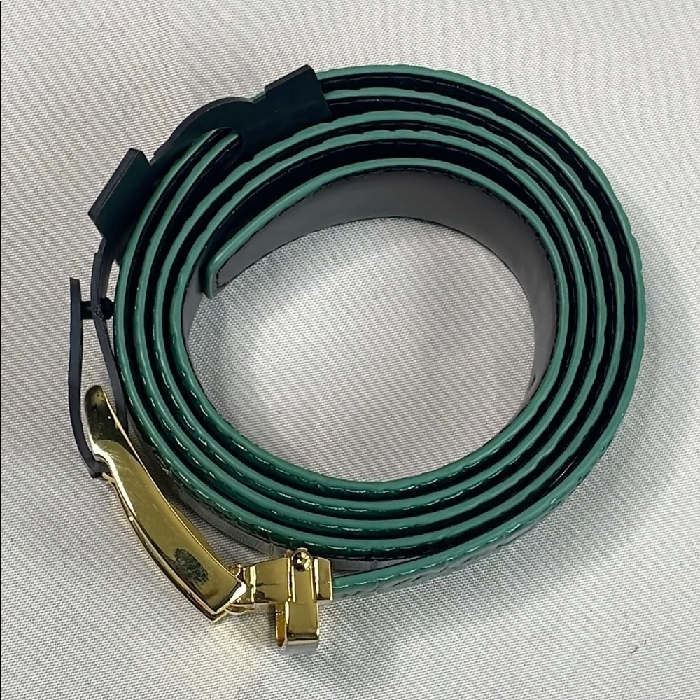 Green Croc-Embossed Belt with Gold Buckle